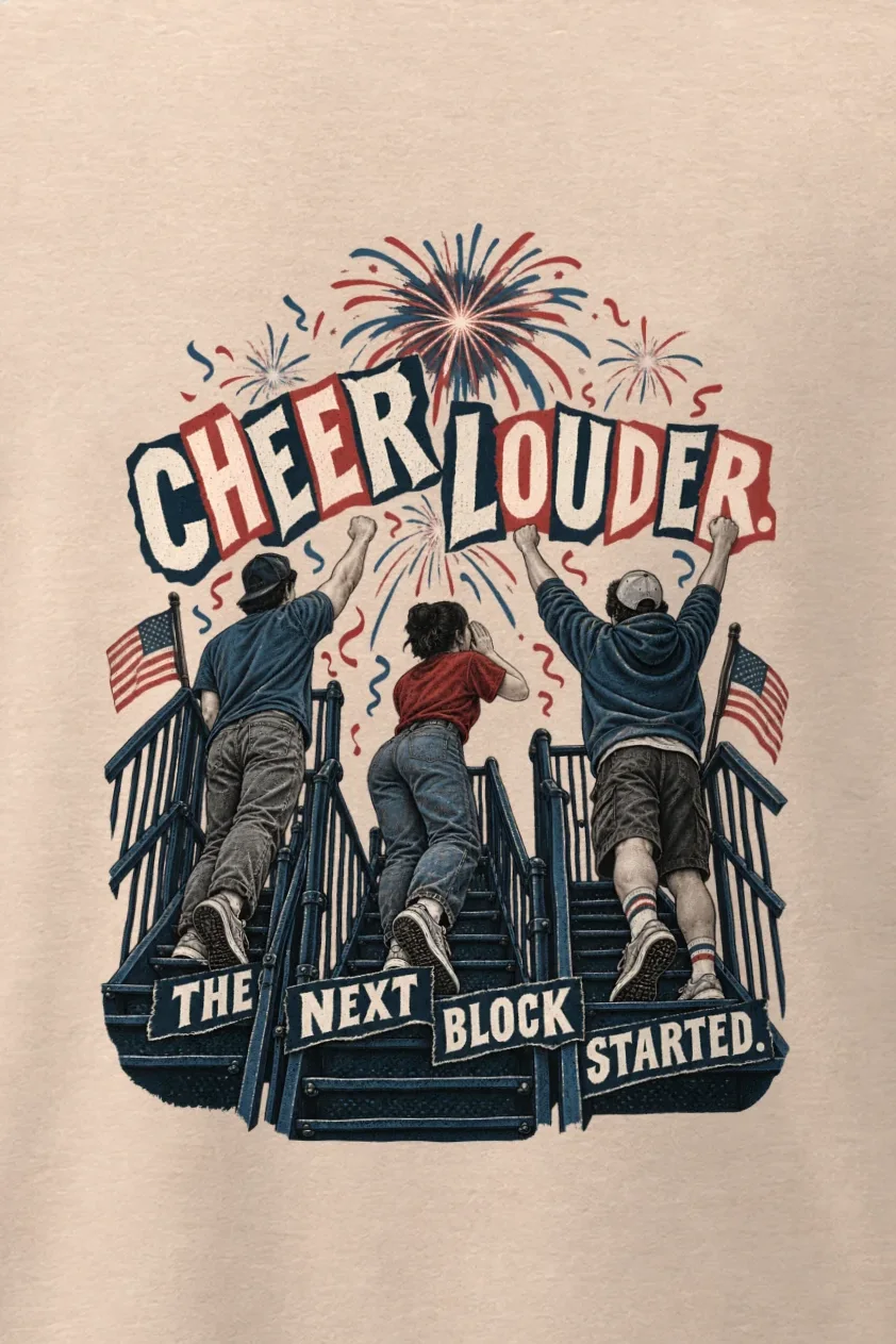 "Cheer Louder" Men’s Oversized Heavyweight Crewneck T-Shirt - the graphic up close