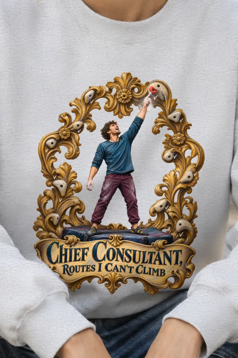 "Chief Consultant, Routes I Can’t Climb" Unisex Crewneck Sweatshirt - the graphic up close