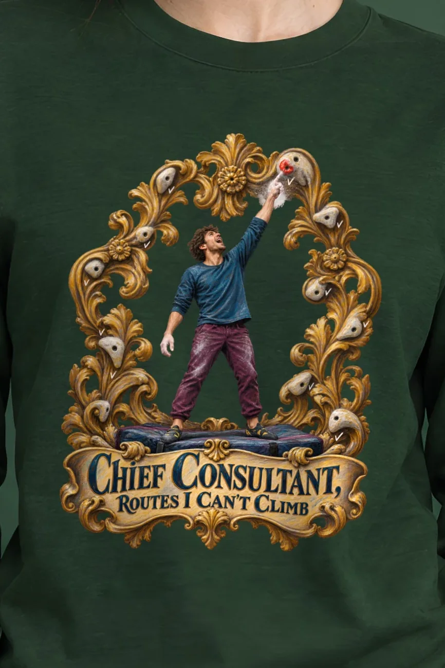 "Chief Consultant, Routes I Can’t Climb" Unisex Longsleeve T-shirt - the graphic up close