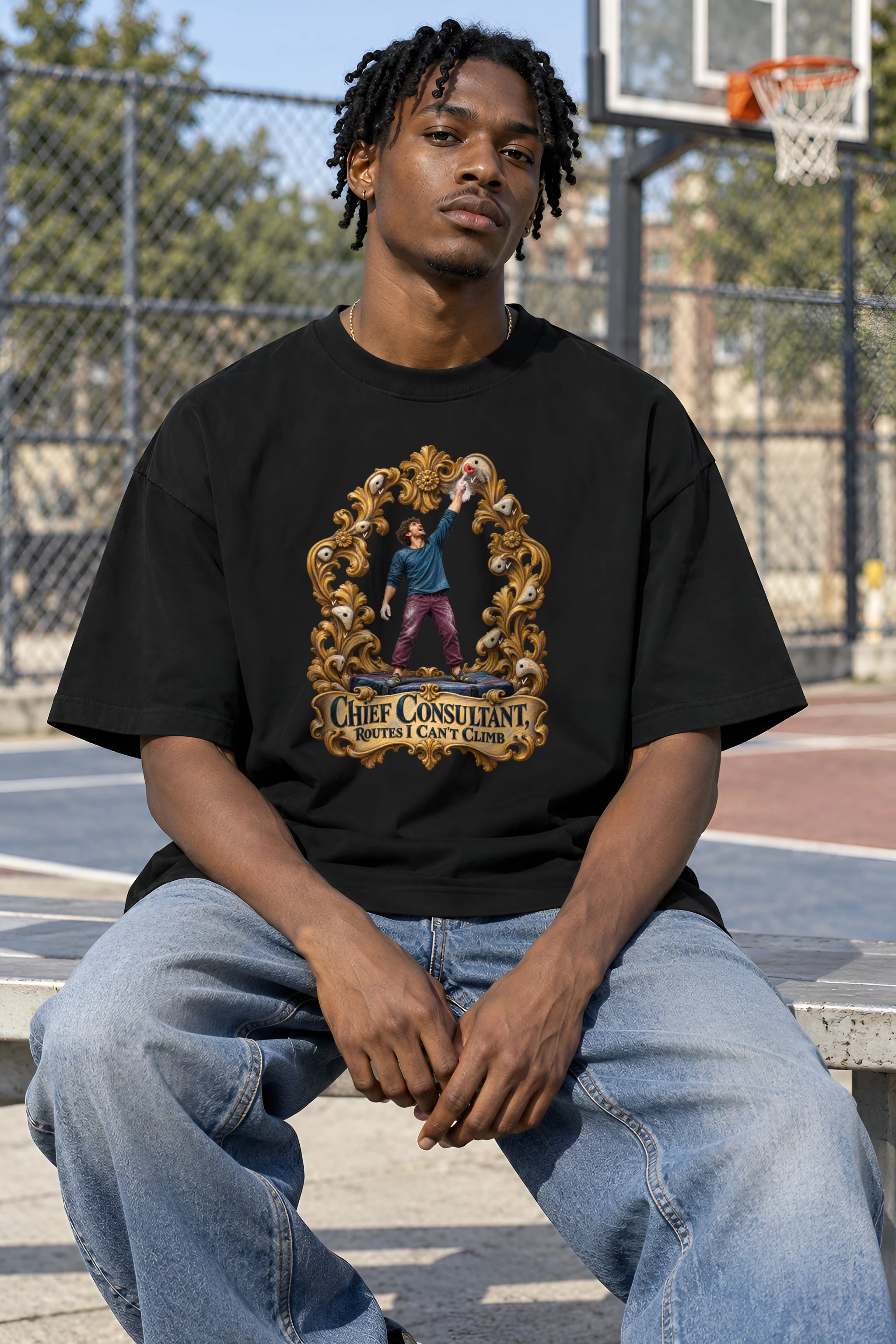 "Chief Consultant, Routes I Can't Climb" Unisex Oversized Heavyweight Crewneck T-Shirt