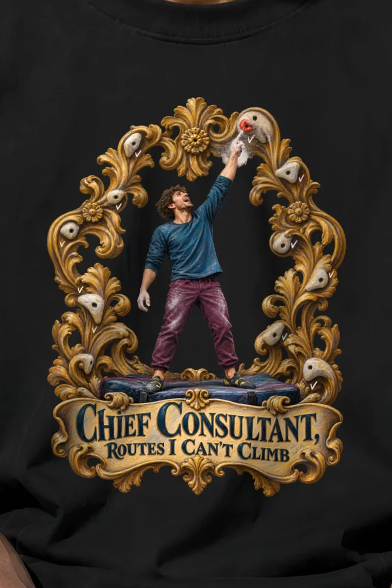"Chief Consultant, Routes I Can’t Climb" Unisex Oversized Heavyweight Crewneck T-Shirt - the graphic up close