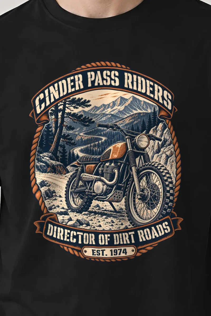 "Cinder Pass Riders" Heavyweight Unisex Crewneck T-shirt - the graphic up close