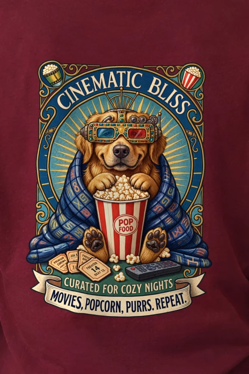 "Cinematic Bliss" Heavyweight Unisex Crewneck T-shirt - the graphic up close