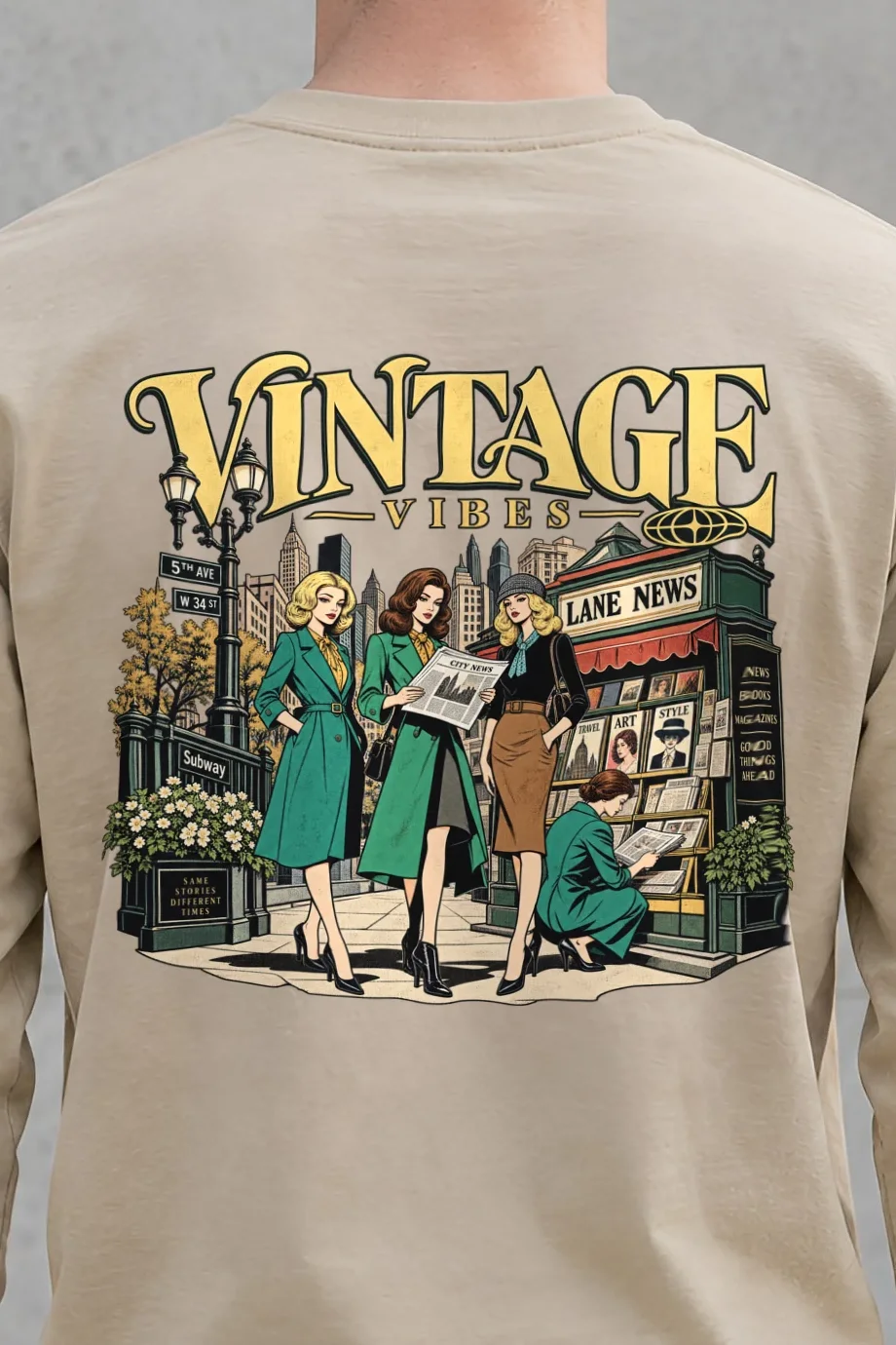 "City News Lane" Unisex Longsleeve T-shirt - the graphic up close