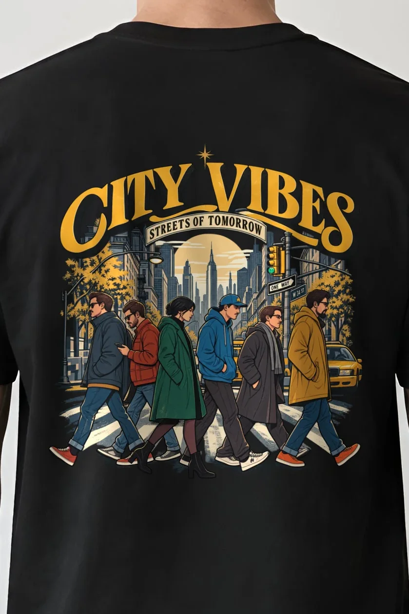 "City Vibes Crossing" Heavyweight Unisex Crewneck T-shirt - the graphic up close