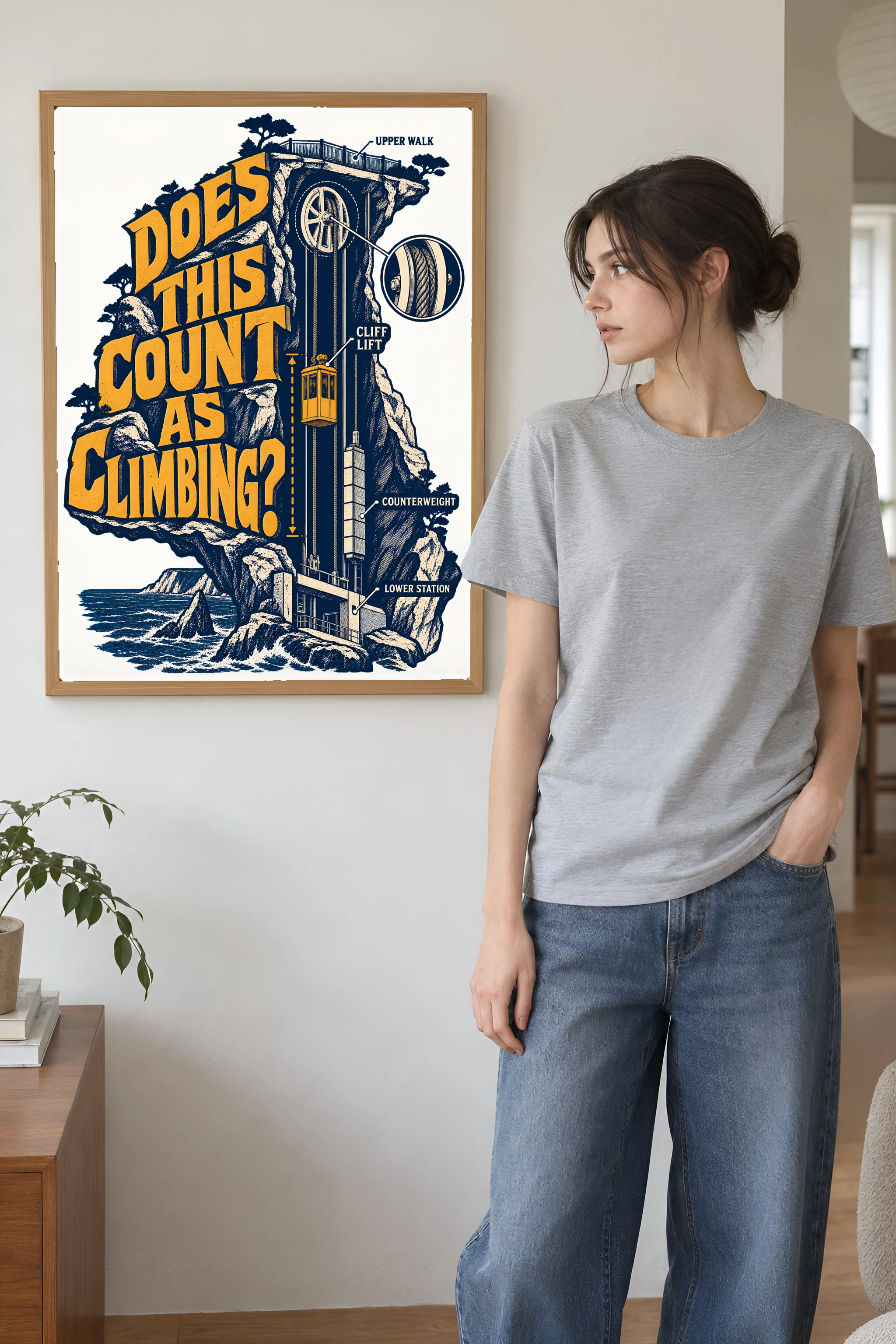 "Cliff Lift Engraving" Premium Wooden Framed Poster
