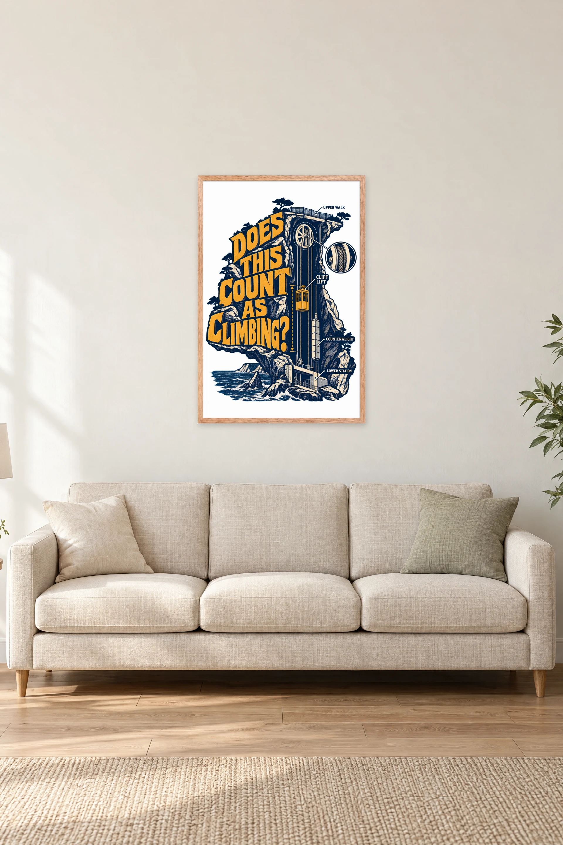 "Cliff Lift Engraving" Premium Wooden Framed Poster — Natural Wood frame, 24 × 36 in