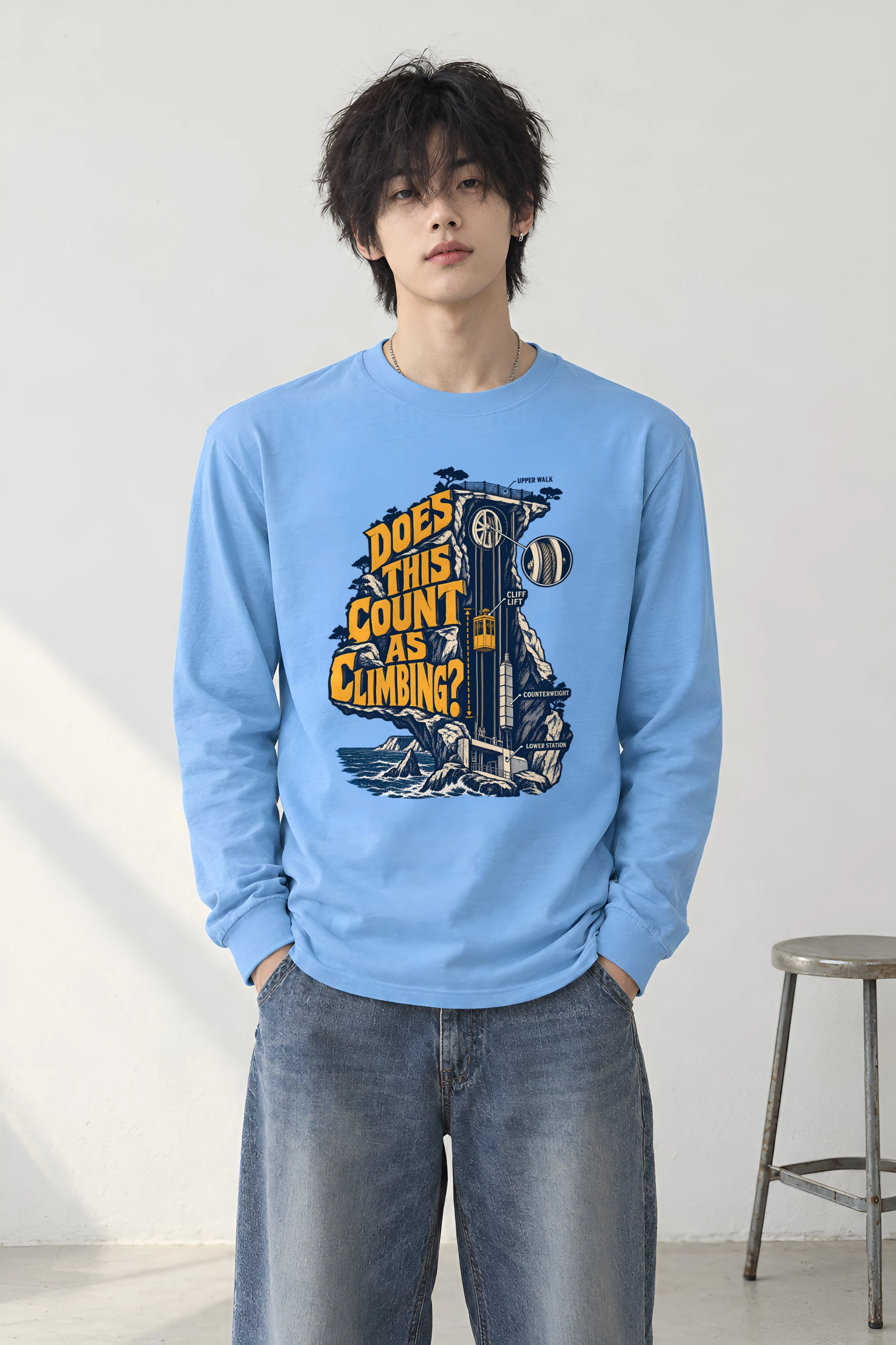"Cliff Lift Engraving" Unisex Longsleeve T-shirt