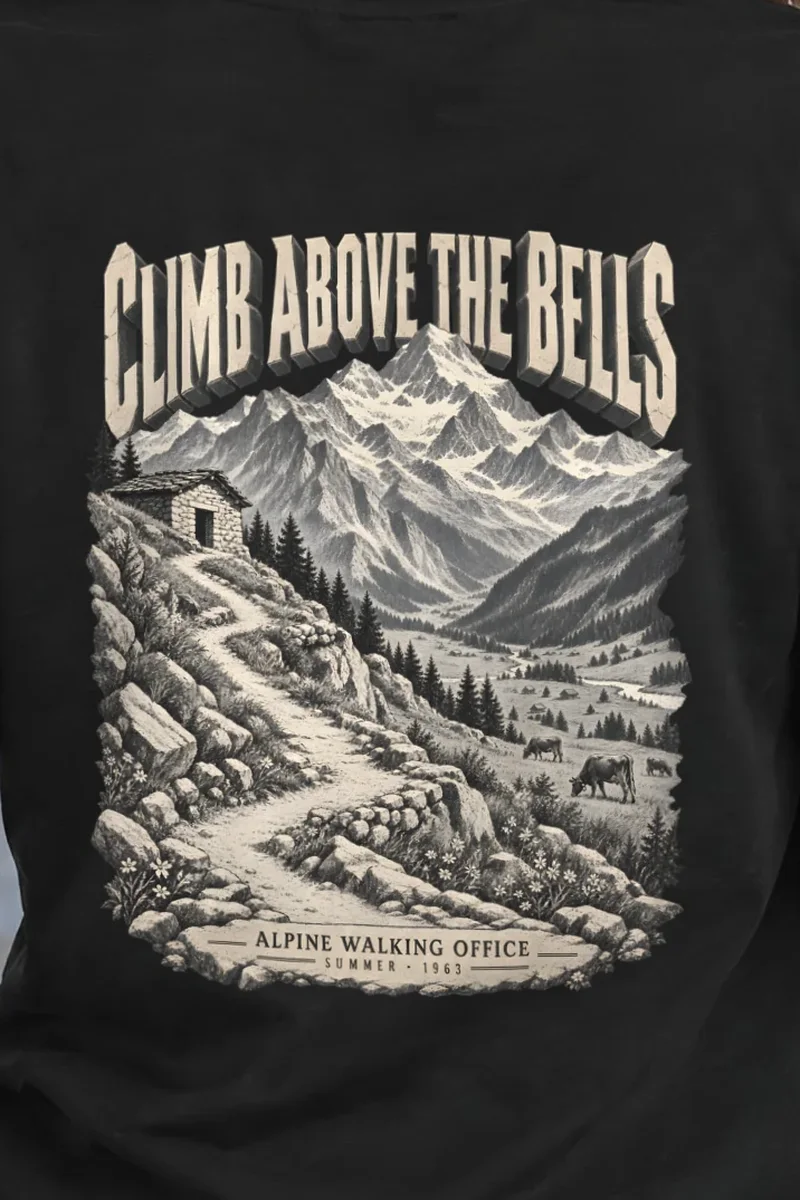 "Climb Above the Bells" Heavyweight Unisex Crewneck T-shirt - the graphic up close