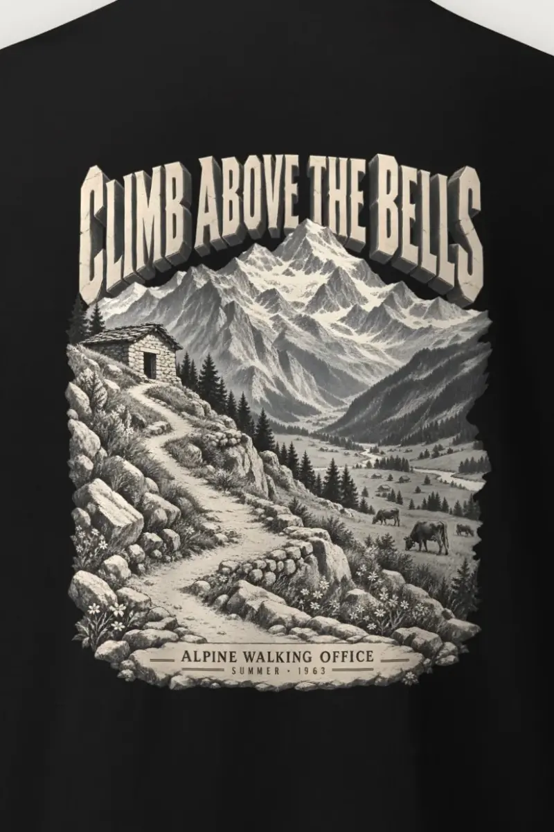 "Climb Above the Bells" Heavyweight Unisex Crewneck T-shirt - the graphic up close