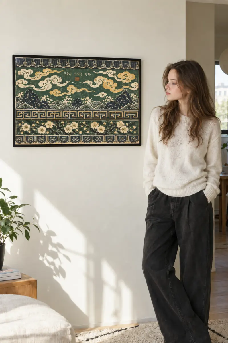 "Cloud And Lotus Print" Premium Wooden Framed Poster · Landscape