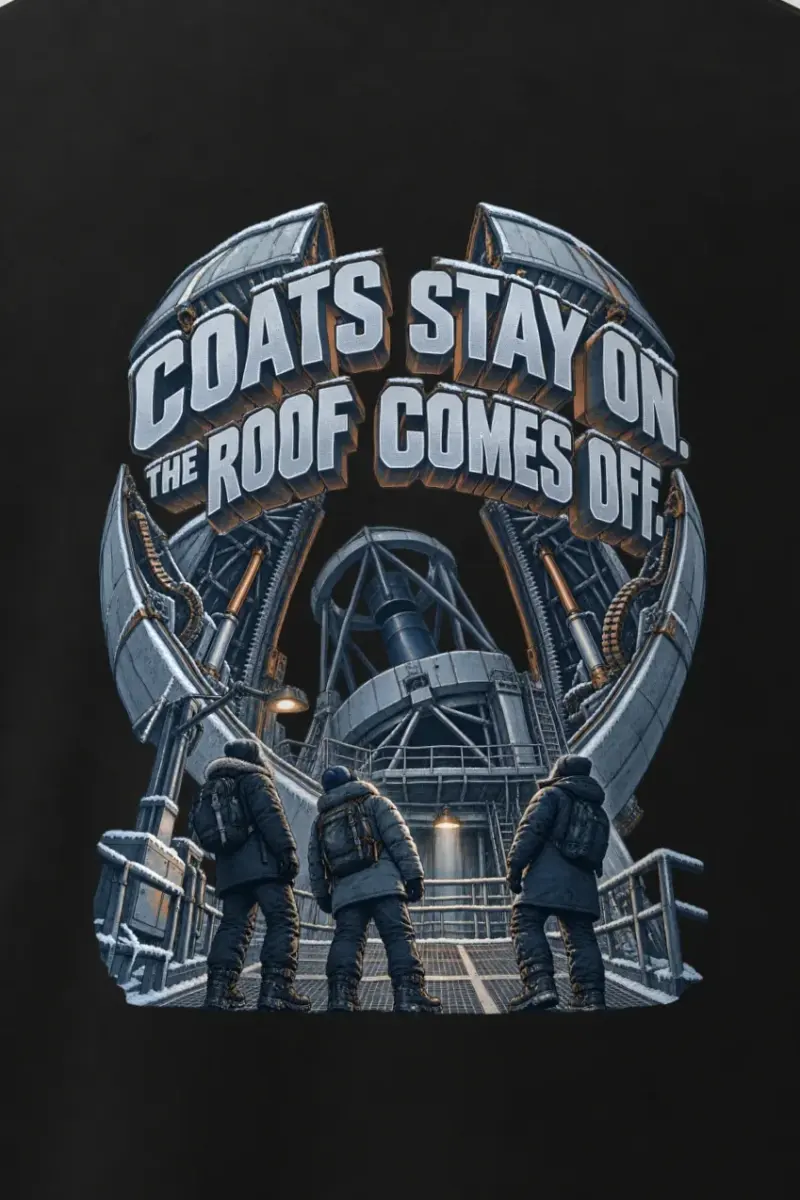 "Coats Stay On. The Roof Comes Off." Men’s Oversized Heavyweight Crewneck T-Shirt - the graphic up close