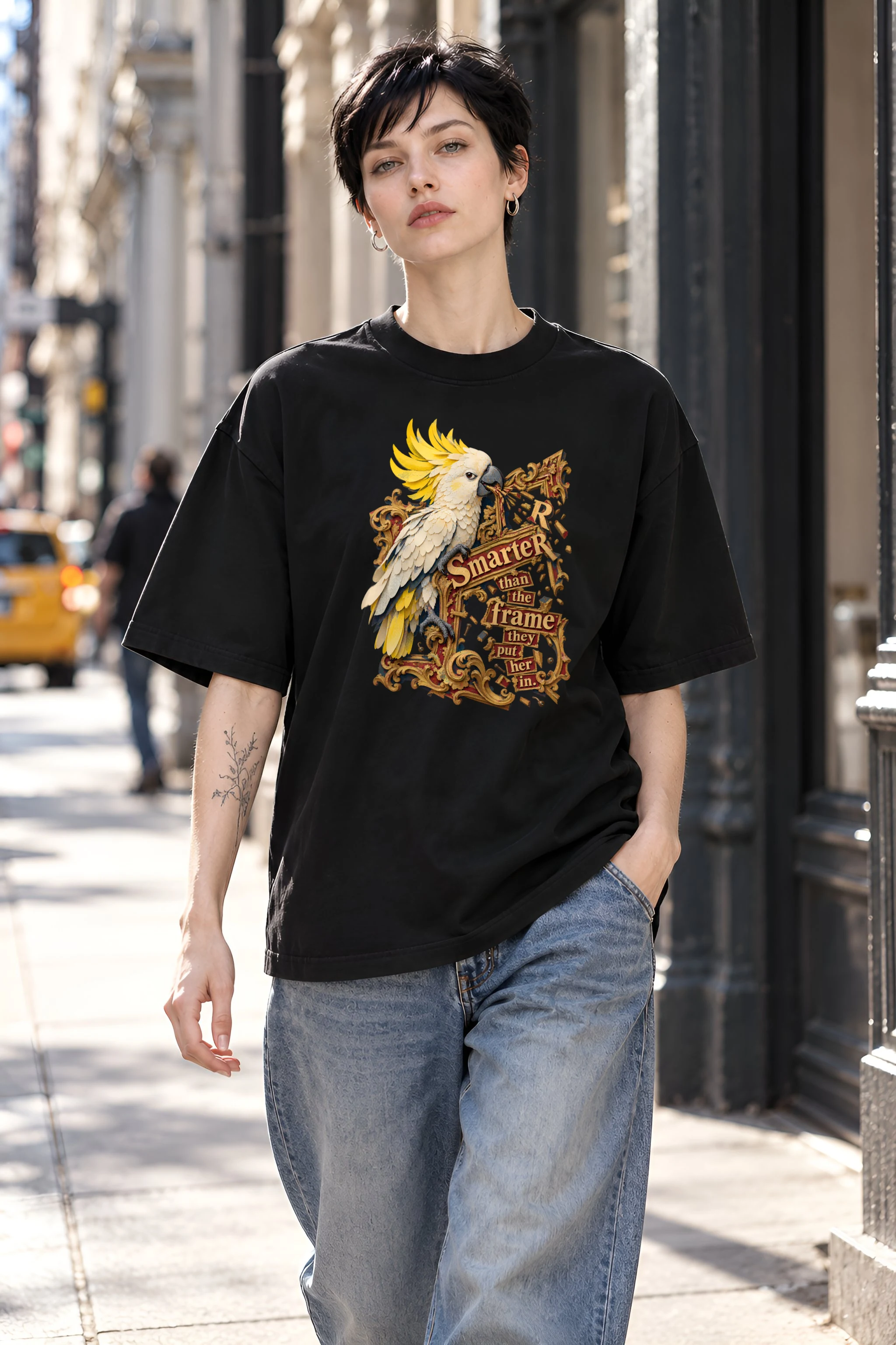 "Cockatoo Breaking Frame" Unisex Oversized Heavyweight Crewneck T-Shirt