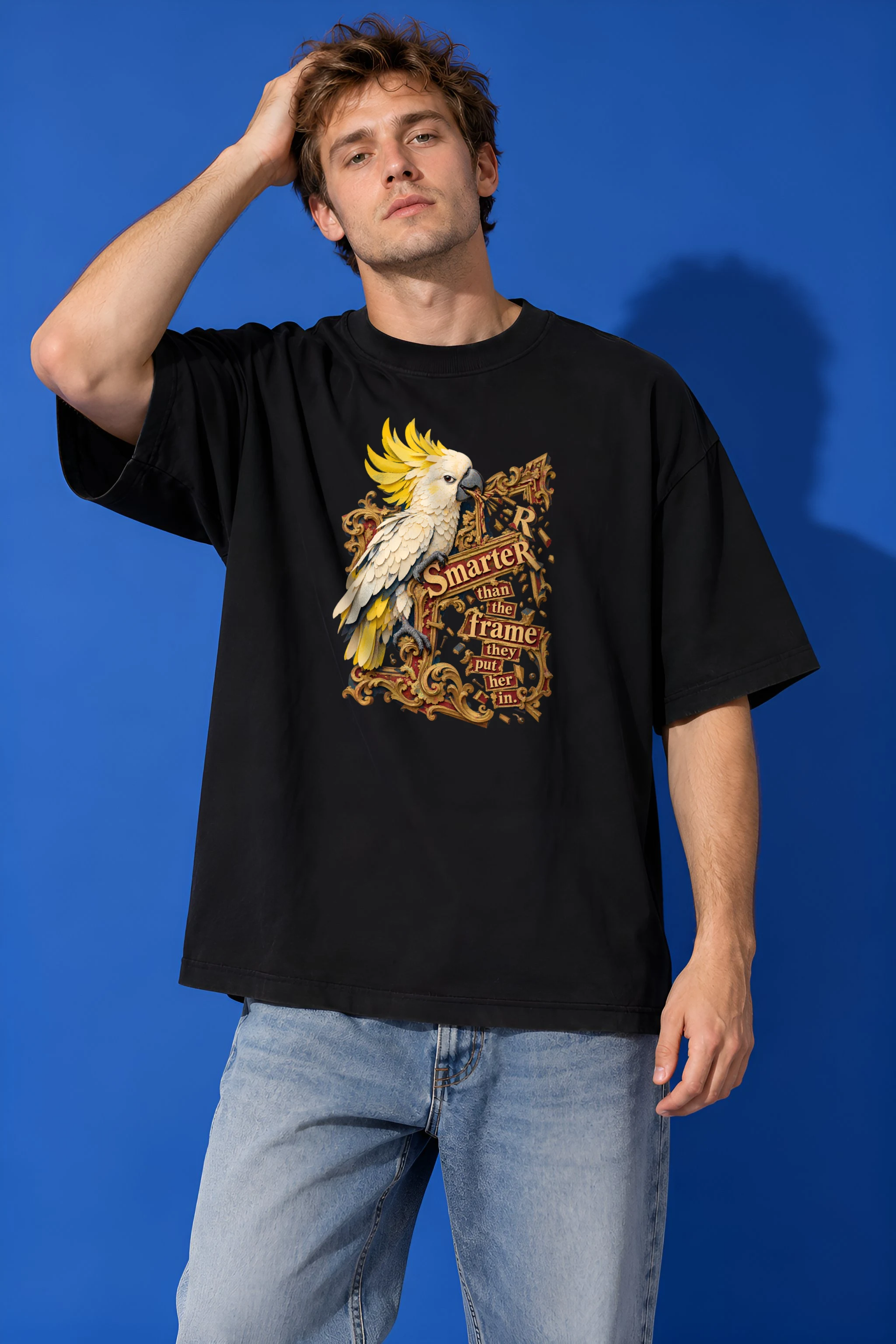 "Cockatoo Breaking Frame" Unisex Oversized Heavyweight Crewneck T-Shirt