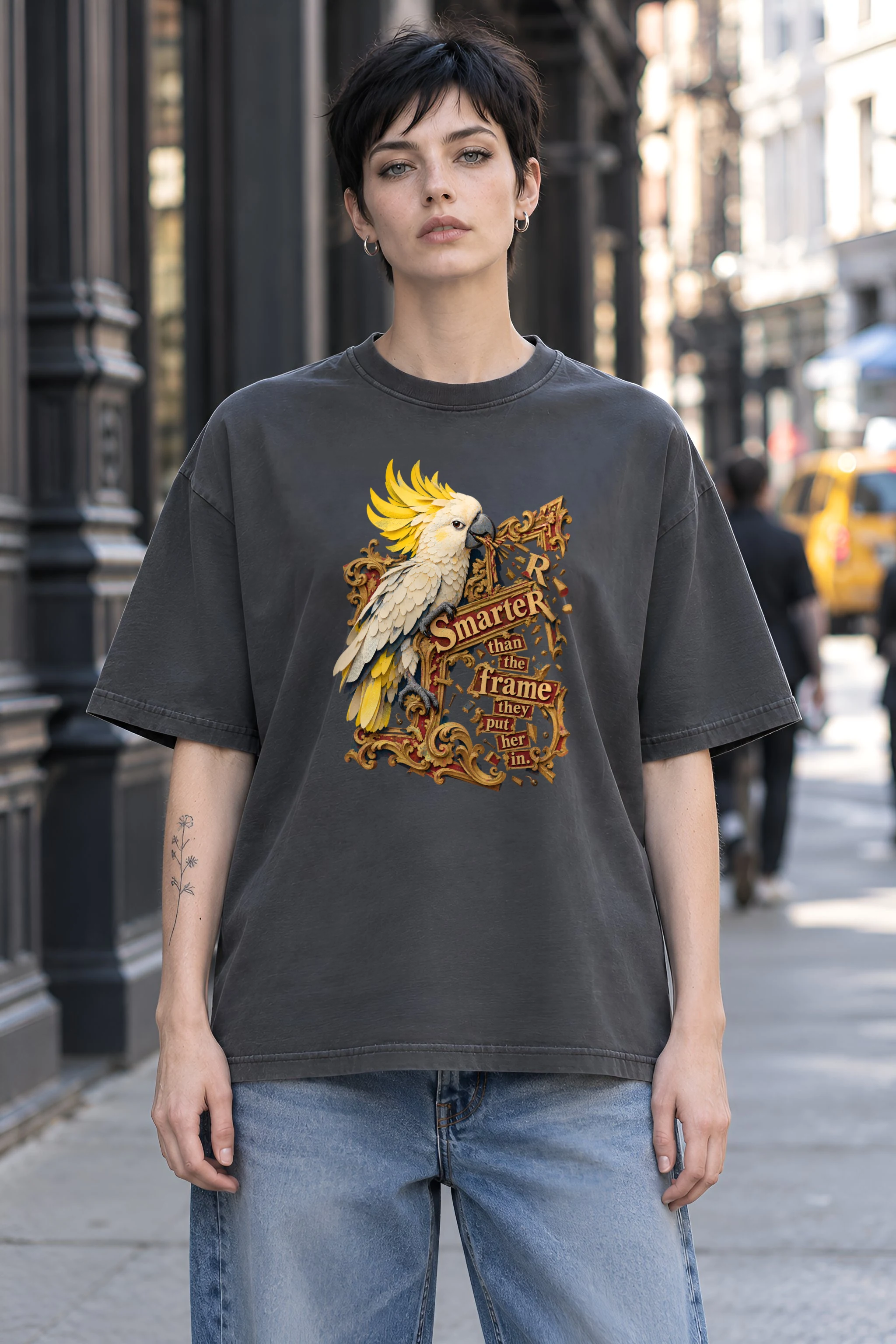"Cockatoo Breaking Frame" Unisex Oversized Heavyweight Crewneck T-Shirt