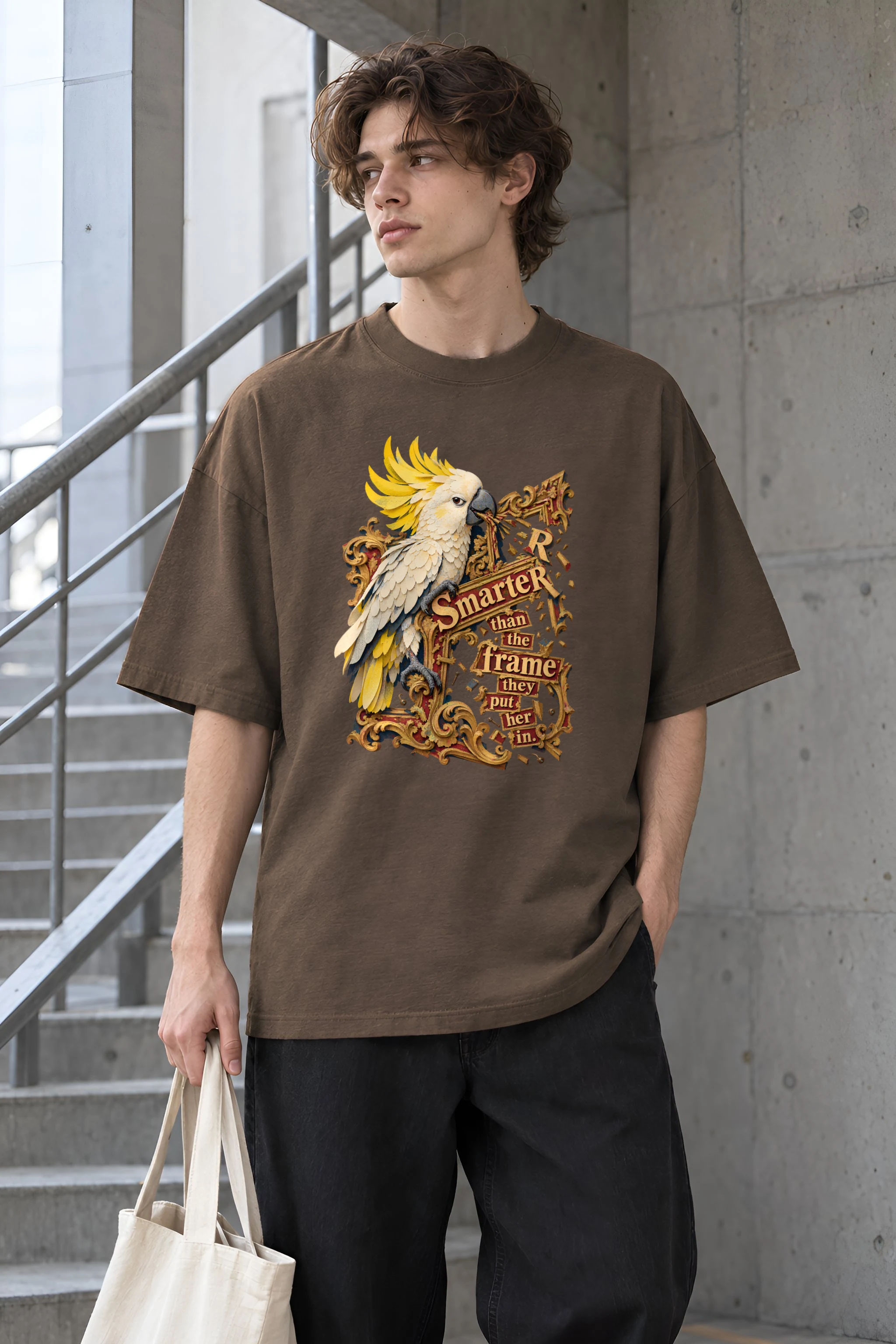 "Cockatoo Breaking Frame" Unisex Oversized Heavyweight Crewneck T-Shirt