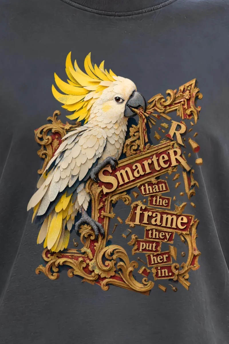 "Cockatoo Breaking Frame" Unisex Oversized Heavyweight Crewneck T-Shirt - the graphic up close