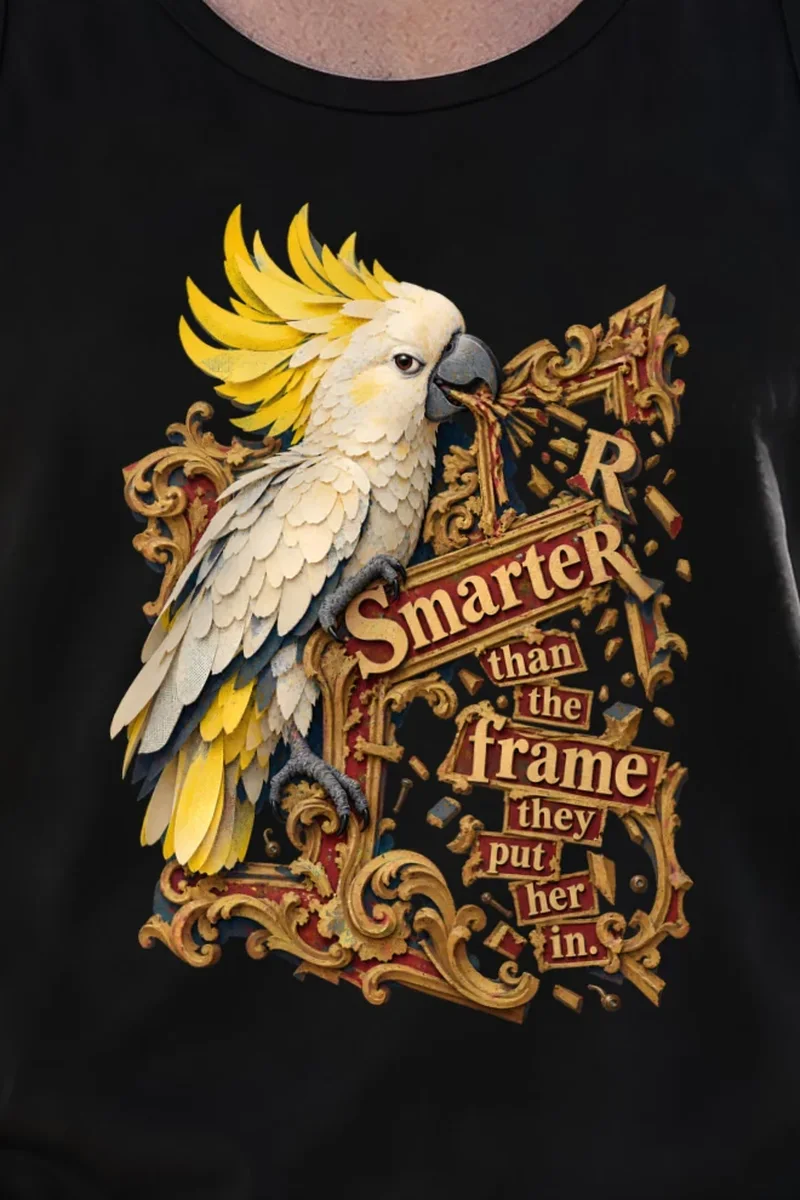 "Cockatoo Breaking The Frame" Unisex Jersey Tank - the graphic up close