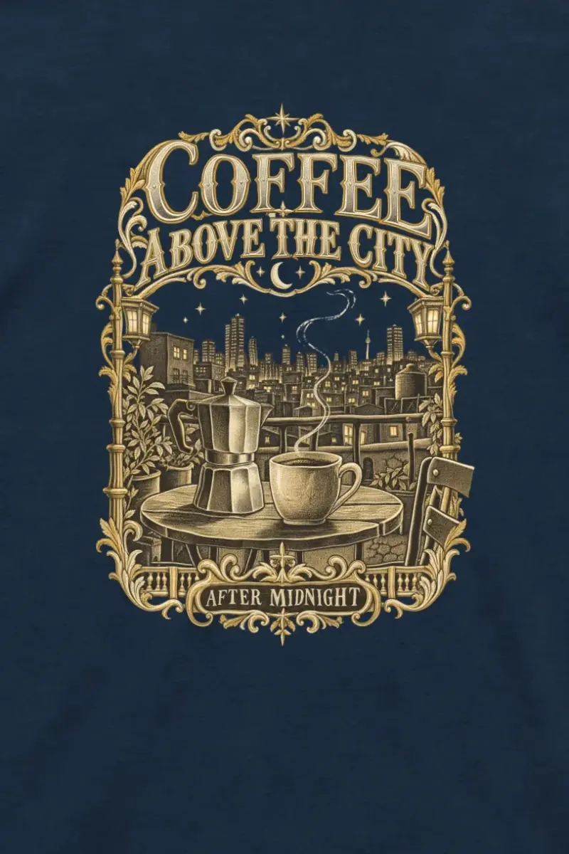 "Coffee Above the City" Unisex Longsleeve T-shirt - the graphic up close