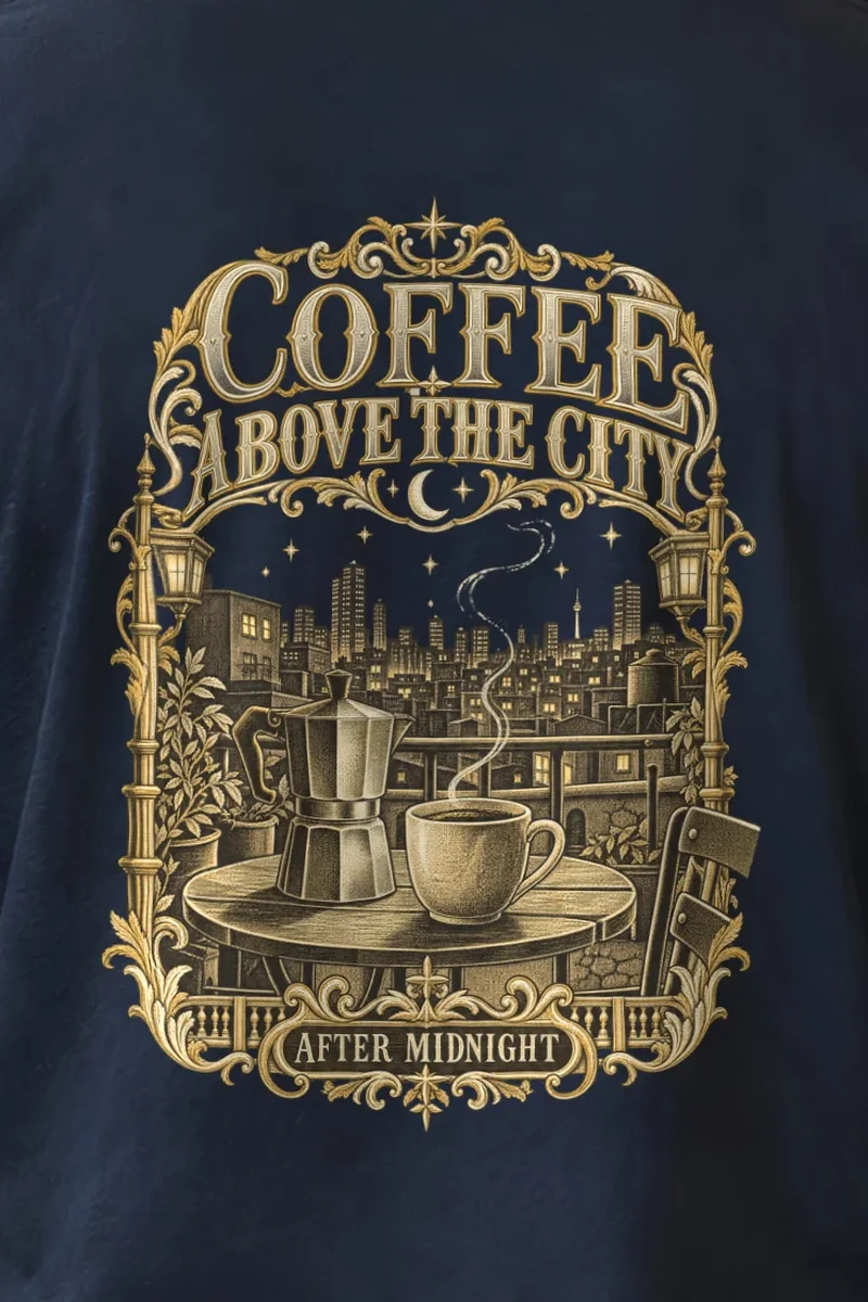 "Coffee Above the City" Unisex Longsleeve T-shirt - the graphic up close