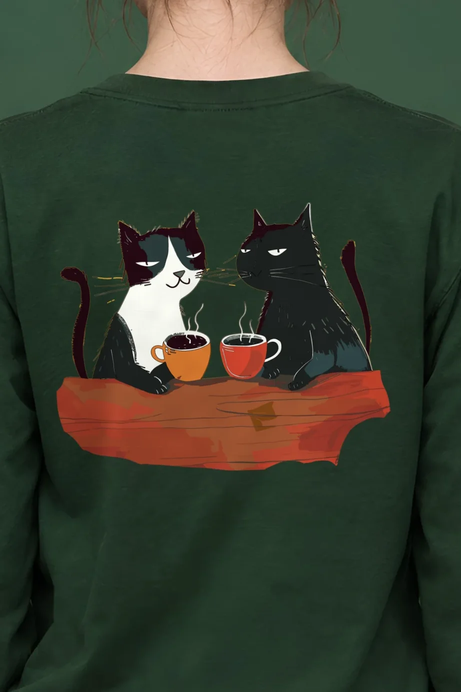 "Coffee Cat Break" Unisex Longsleeve T-shirt - the graphic up close