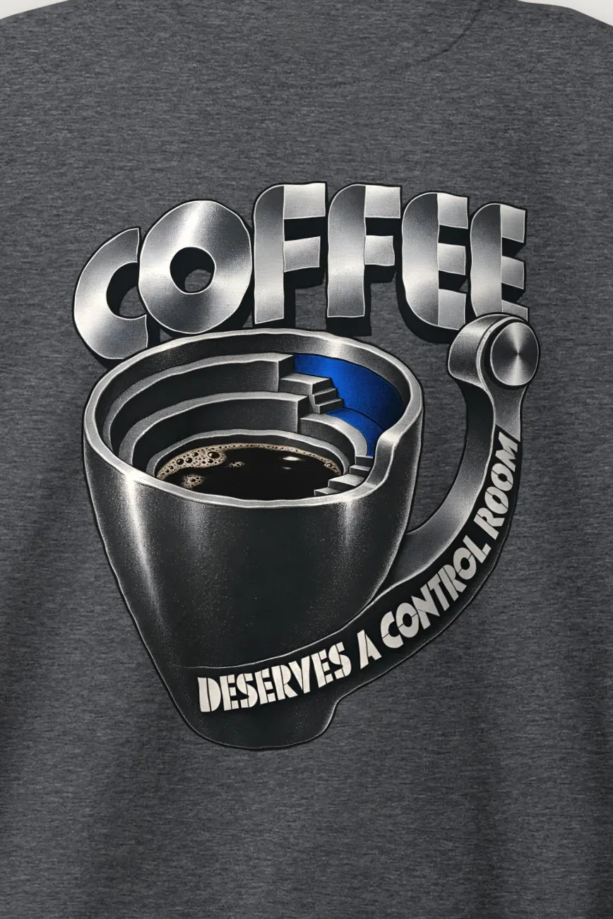 "Coffee Deserves A Control Room" Heavy Blend Unisex Crewneck Sweatshirt - the graphic up close