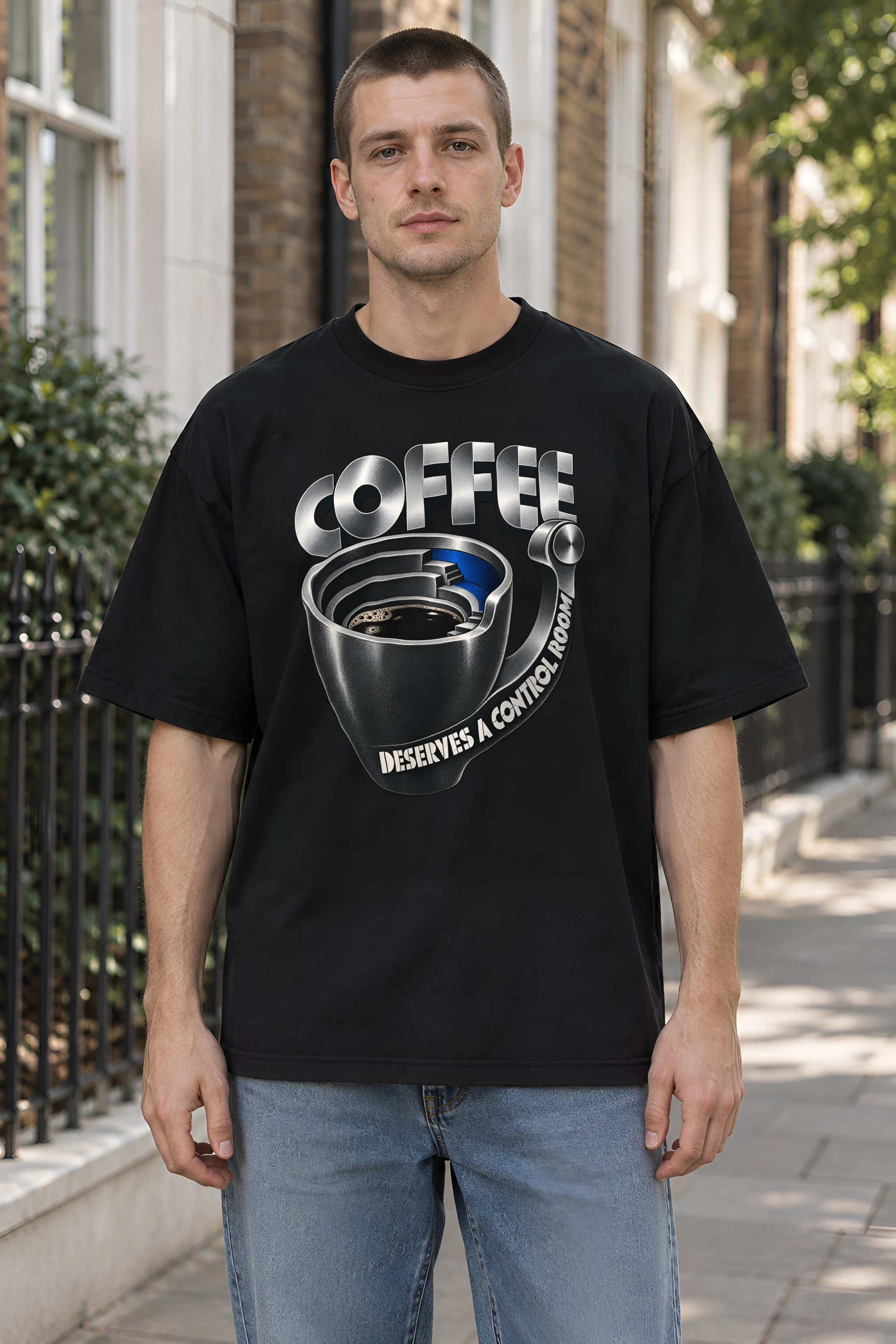 "Coffee Deserves A Control Room" Men's Oversized Heavyweight Crewneck T-Shirt