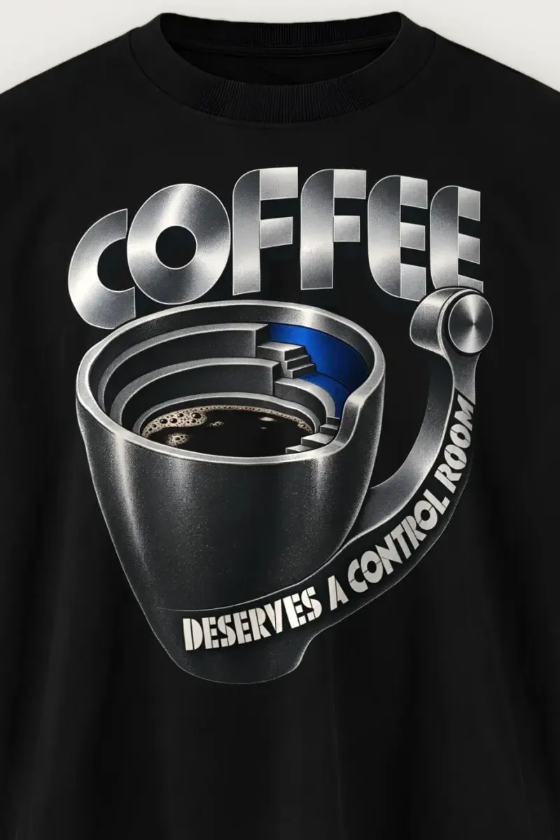 "Coffee Deserves A Control Room" Men’s Oversized Heavyweight Crewneck T-Shirt - the graphic up close