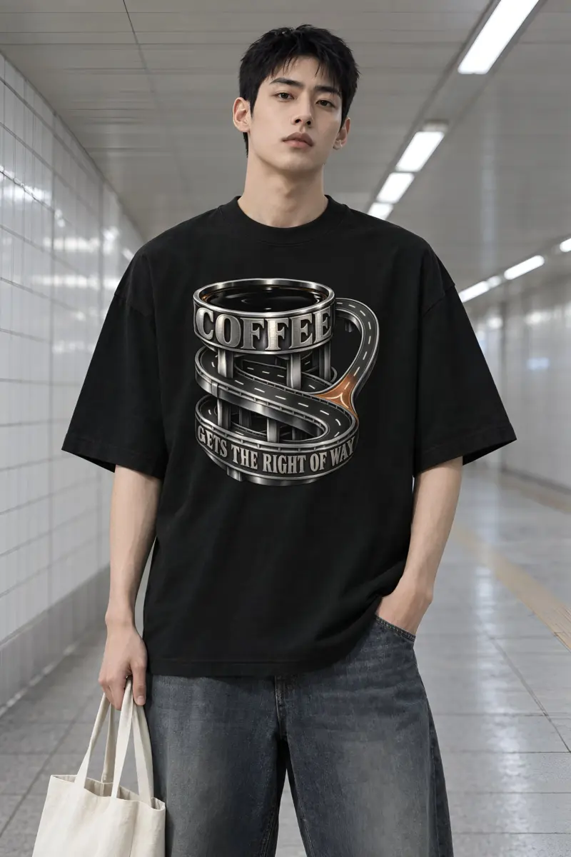 “Coffee Gets The Right Of Way” Men’s Oversized Heavyweight Crewneck T-Shirt