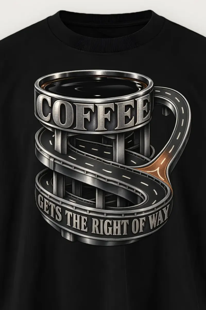 "Coffee Gets The Right Of Way" Men’s Oversized Heavyweight Crewneck T-Shirt - the graphic up close