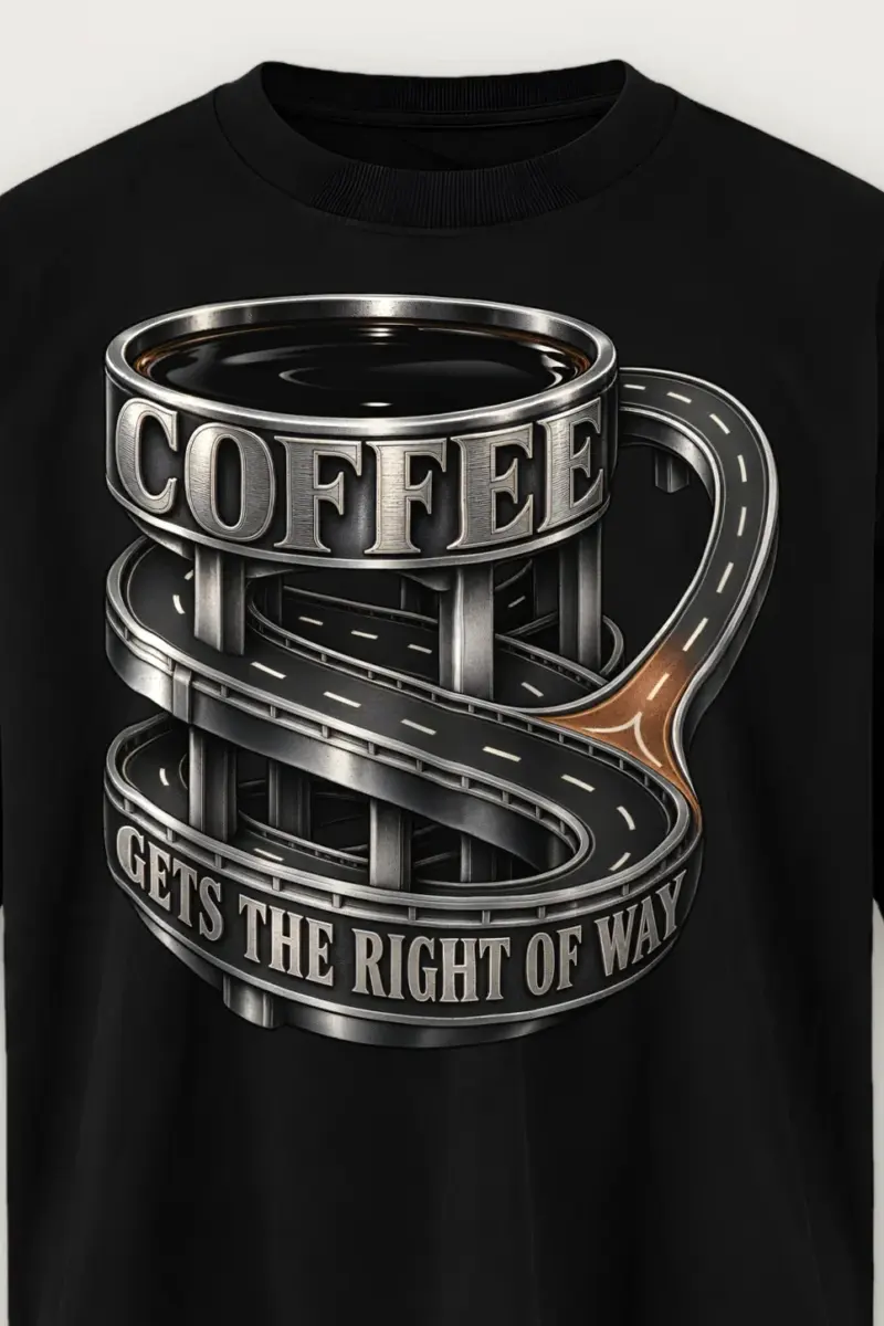 "Coffee Gets The Right Of Way" Men’s Oversized Heavyweight Crewneck T-Shirt - the graphic up close