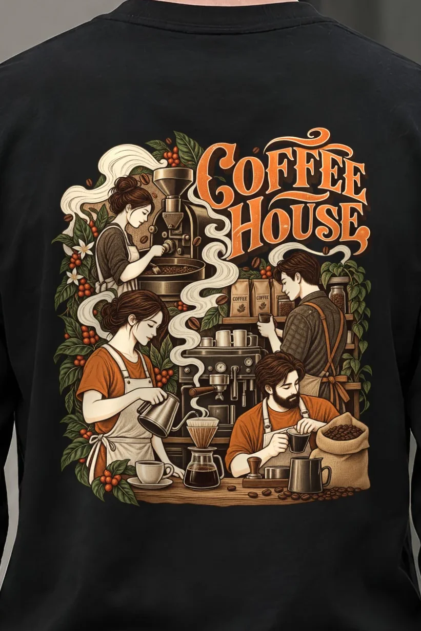 "Coffee House" Unisex Longsleeve T-shirt - the graphic up close