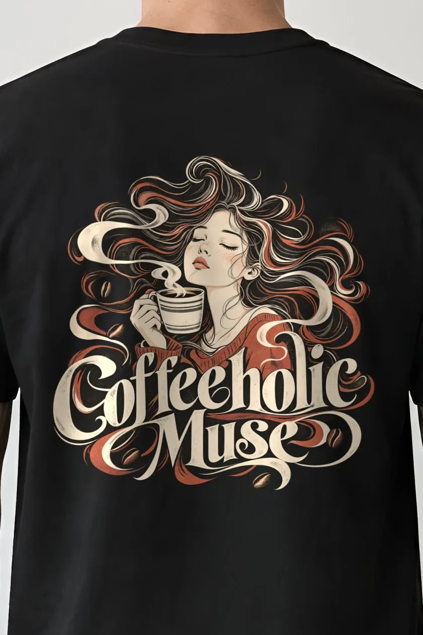 "Coffeeholic Muse" Heavyweight Unisex Crewneck T-shirt - the graphic up close