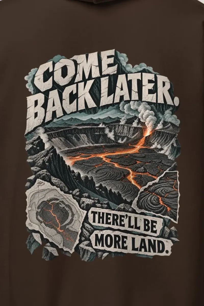 "Come Back Later Volcano" Heavy Blend Unisex Pullover Hoodie - the graphic up close