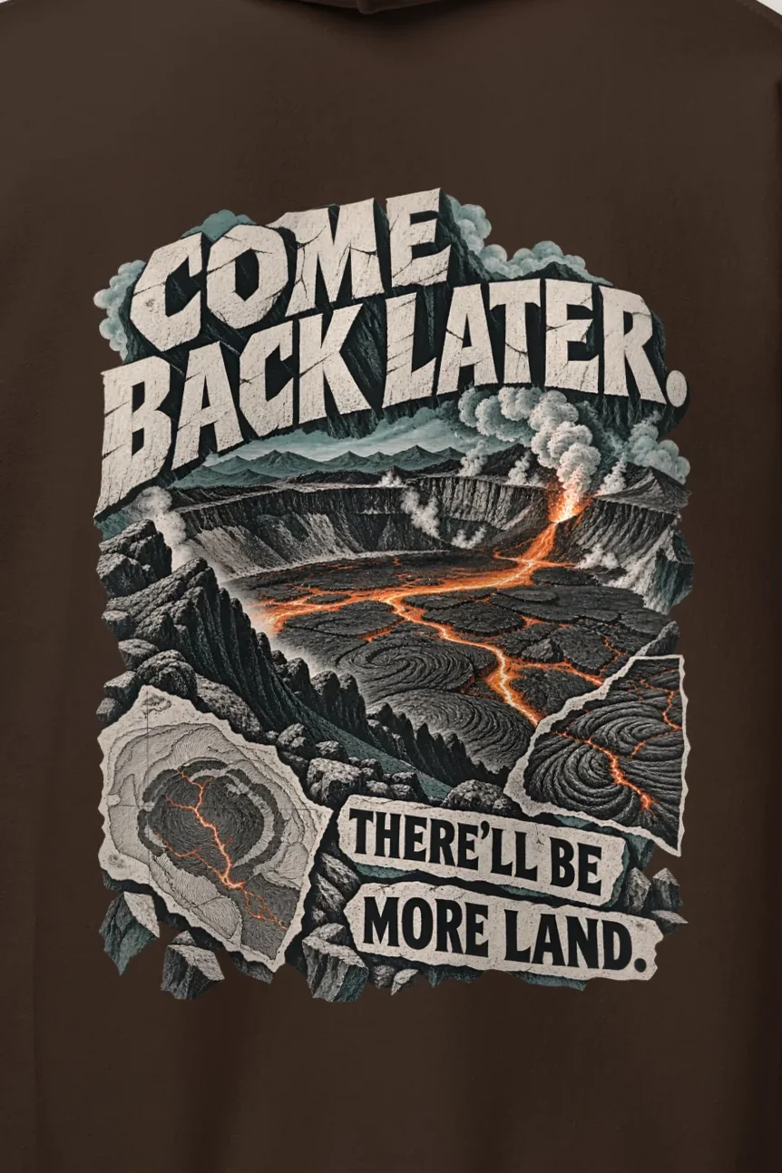 "Come Back Later Volcano" Heavy Blend Unisex Pullover Hoodie - the graphic up close