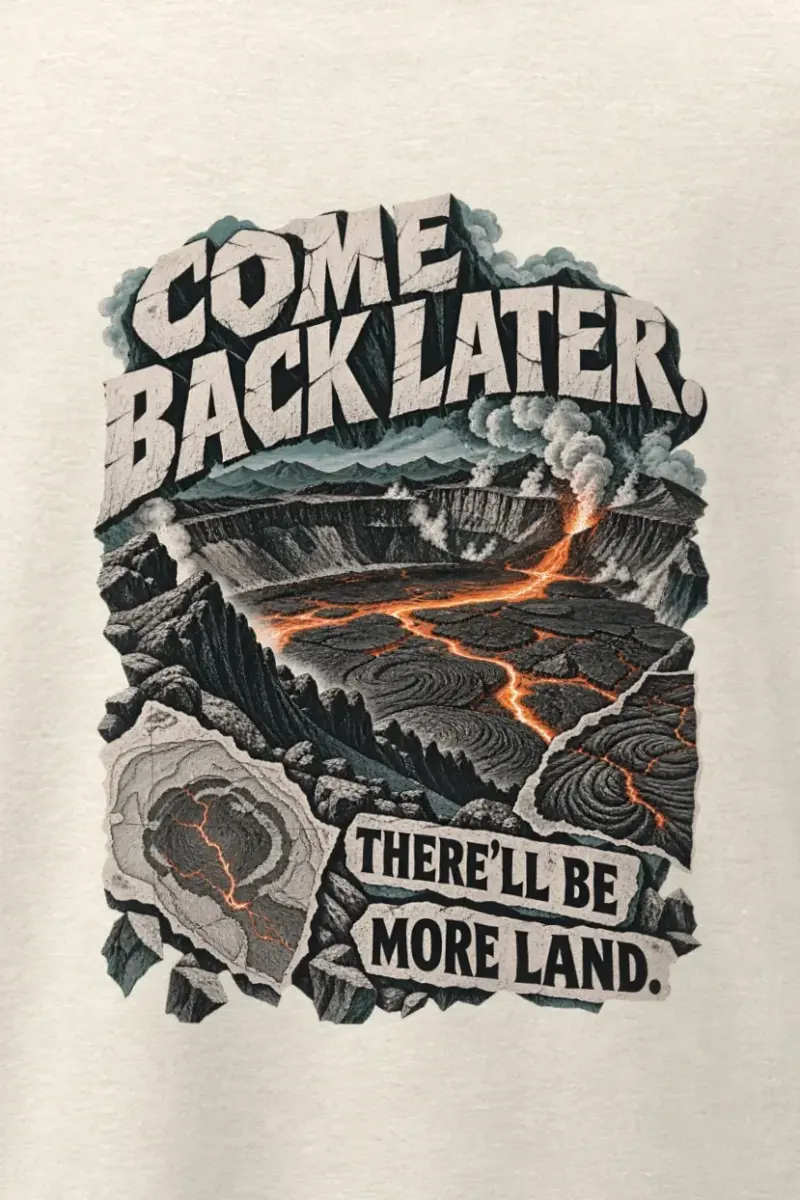 "Come Back Later Volcano" Men’s Oversized Heavyweight Crewneck T-Shirt - the graphic up close