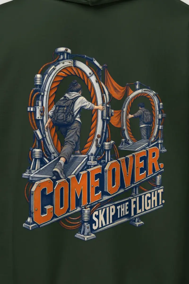 "Come Over. Skip the Flight." Heavy Blend Unisex Pullover Hoodie - the graphic up close