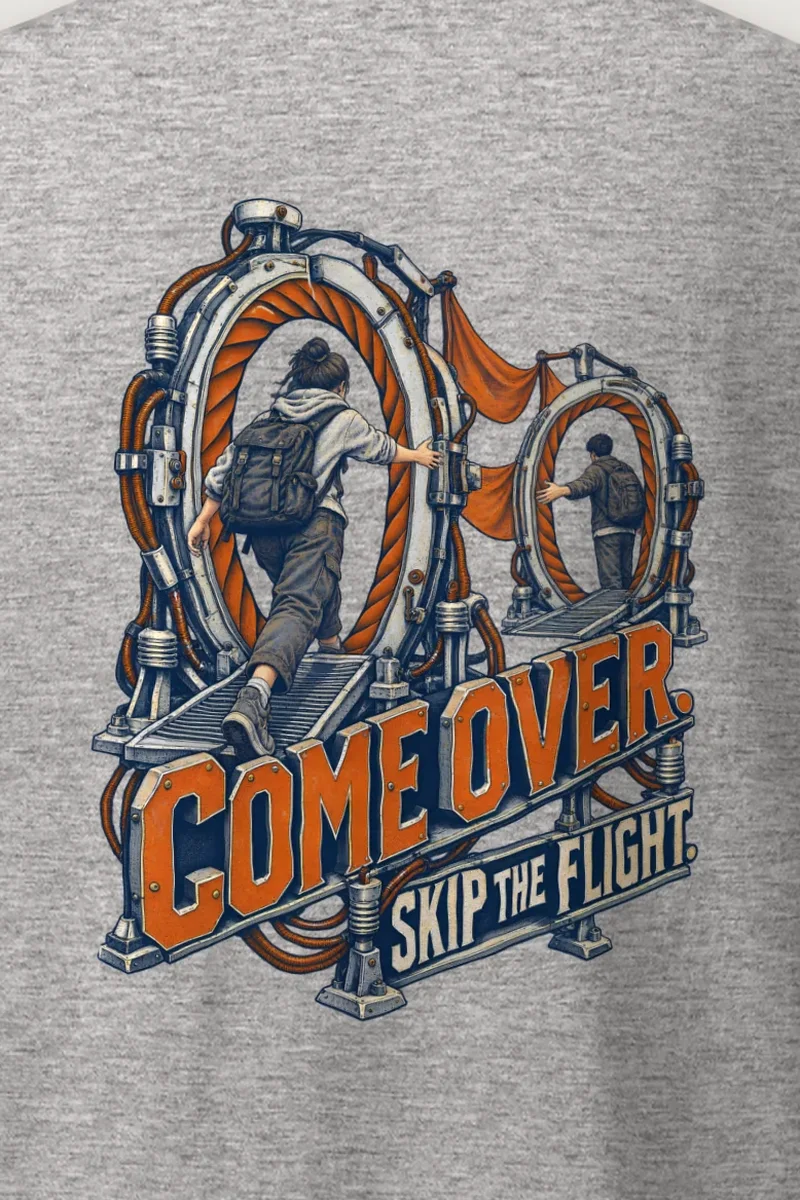 "Come Over Skip the Flight" Heavyweight Unisex Crewneck T-shirt - the graphic up close
