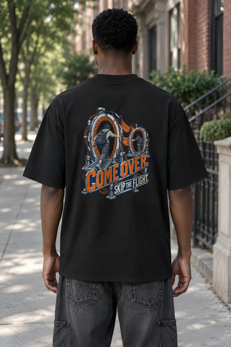 “Come Over Skip the Flight” Men’s Oversized Heavyweight Crewneck T-Shirt