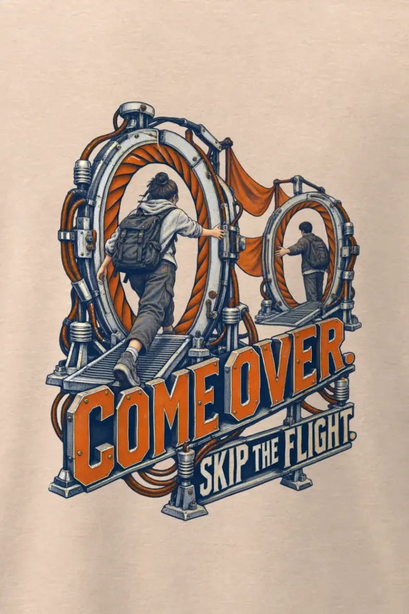 "Come Over Skip the Flight" Men’s Oversized Heavyweight Crewneck T-Shirt - the graphic up close
