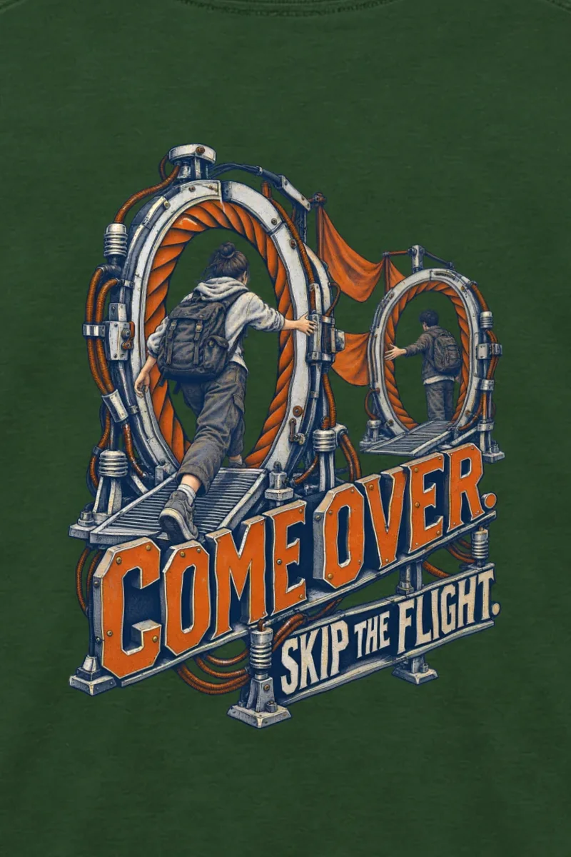 "Come Over Skip the Flight" Unisex Longsleeve T-shirt - the graphic up close