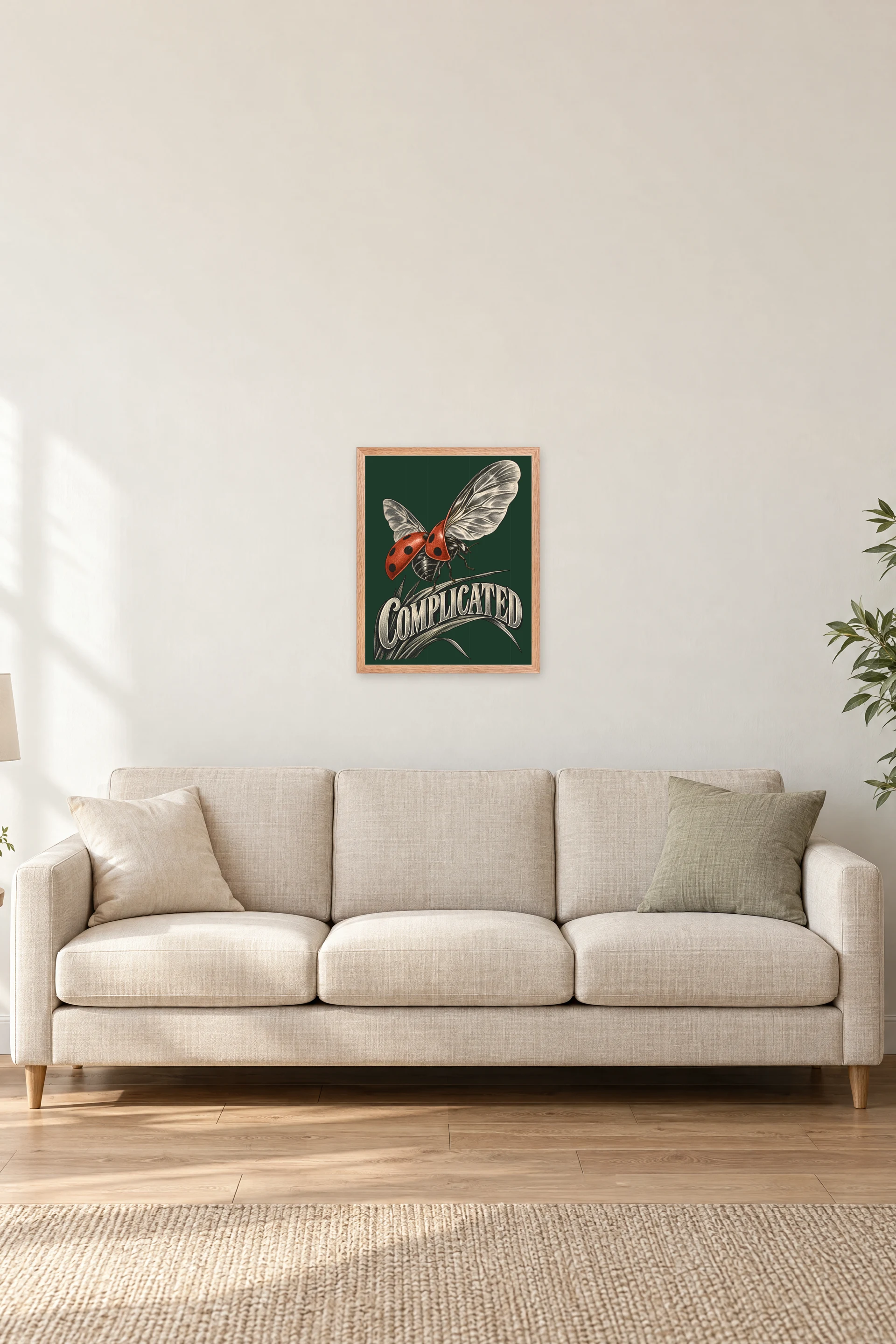 "Complicated Ladybug Takeoff" Premium Wooden Framed Poster — Natural Wood frame, 16 × 20 in