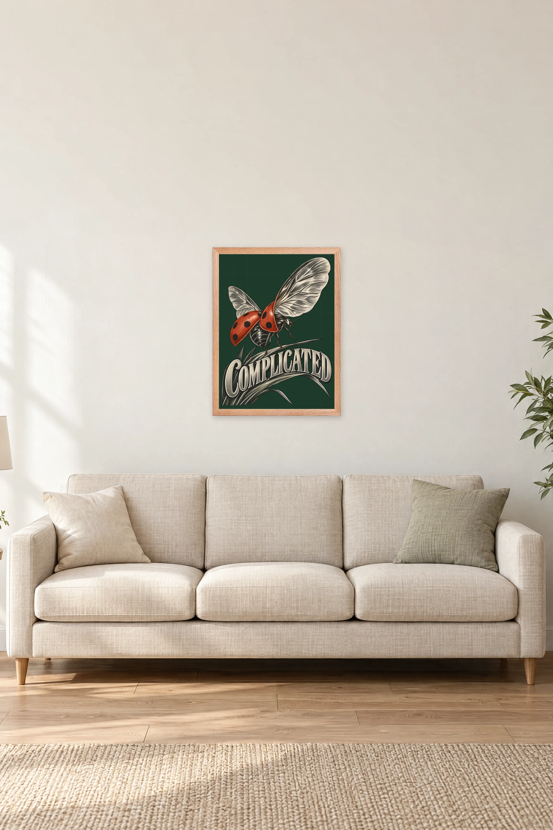 "Complicated Ladybug Takeoff" Premium Wooden Framed Poster — Natural Wood frame, 18 × 24 in