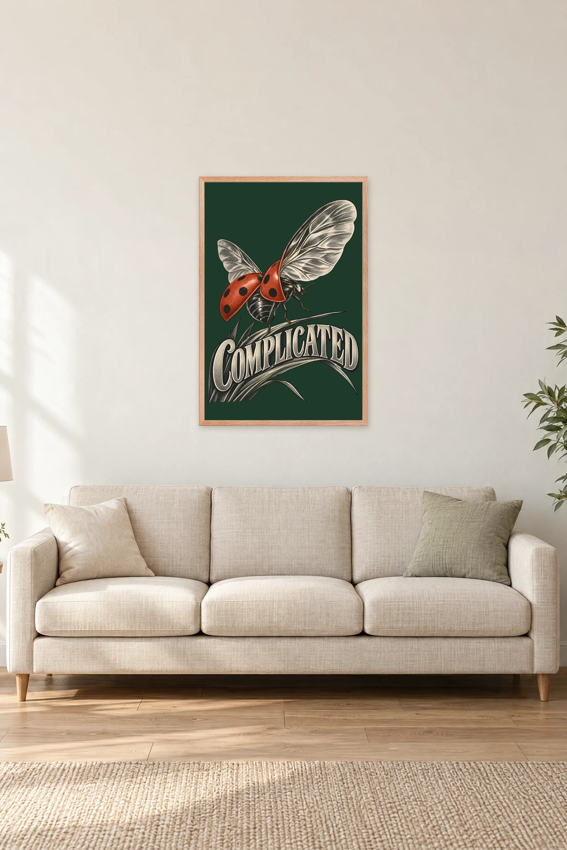 "Complicated Ladybug Takeoff" Premium Wooden Framed Poster — Natural Wood frame, 24 × 36 in
