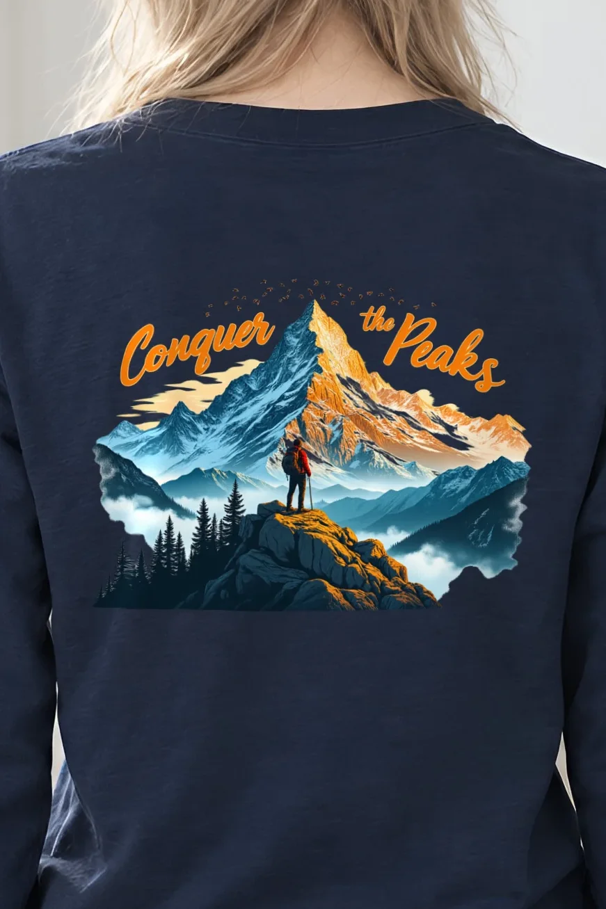 "Conquer The Peaks" Unisex Longsleeve T-shirt - the graphic up close