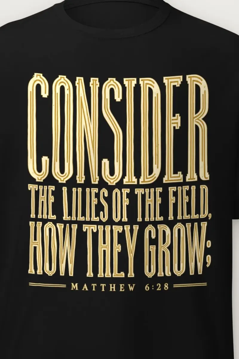 "CONSIDER THE LILIES OF THE FIELD, HOW THEY GROW; MATTHEW 6:28" Heavyweight Unisex Crewneck T-shirt - the graphic up close