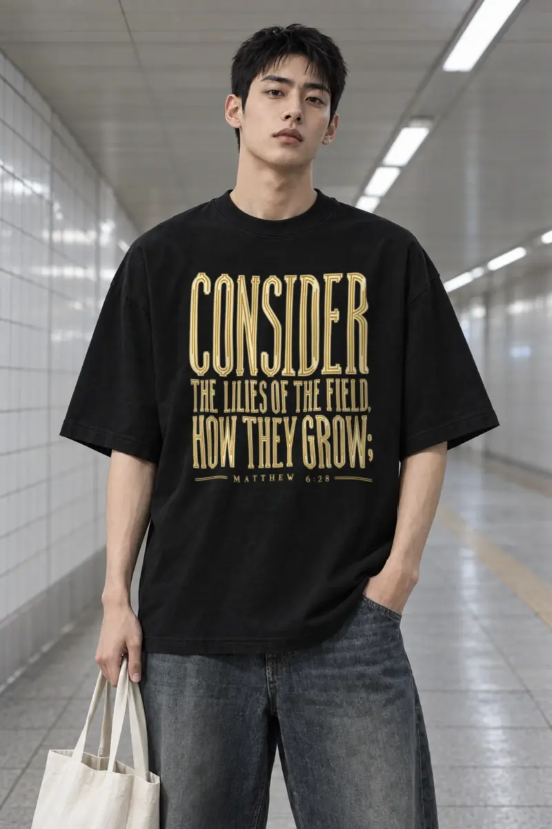 "Consider the Lilies of the Field" Men's Oversized Heavyweight Crewneck T-Shirt