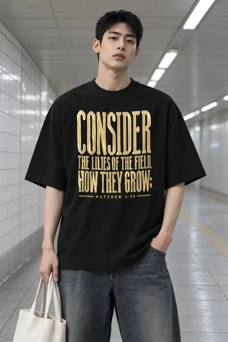 "Consider the Lilies of the Field" Men's Oversized Heavyweight Crewneck T-Shirt