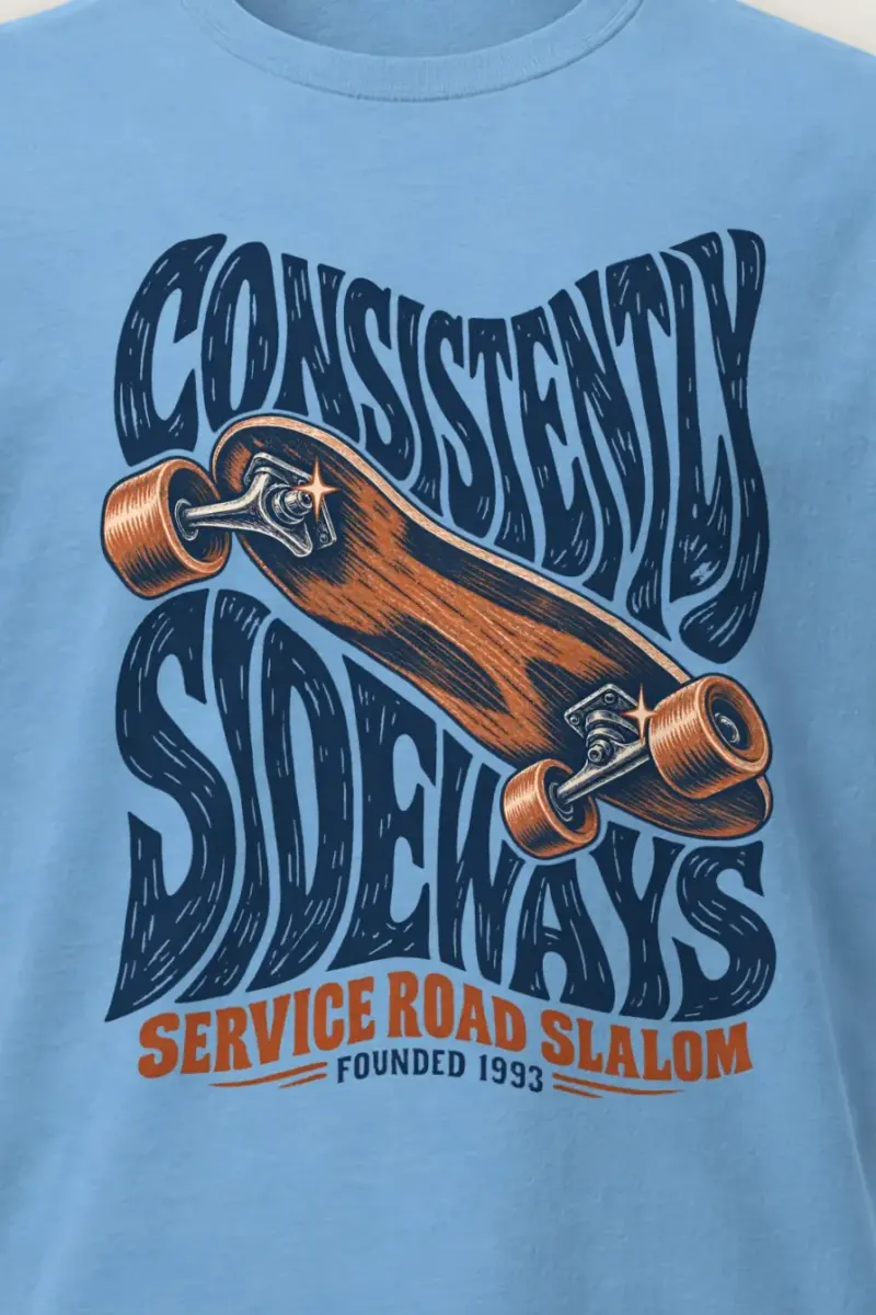 "Consistently Sideways" Heavyweight Unisex Crewneck T-shirt - the graphic up close
