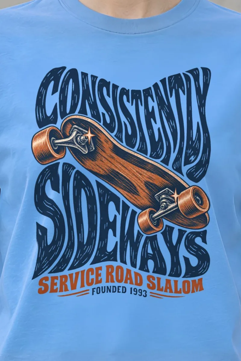 "Consistently Sideways" Heavyweight Unisex Crewneck T-shirt - the graphic up close